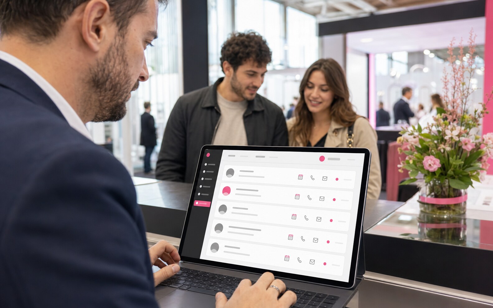 Un espositore consulta sul computer il pannello delle richieste ricevute ad APULIASPOSI
